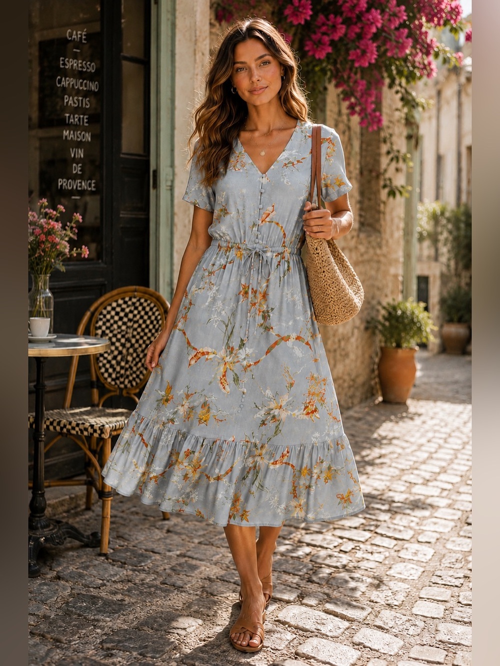 ANKO Floral V-Neck Button Front Tie Waist Midi Dress Blue Grey Sz 2 Ruffle - Picture 16 of 16